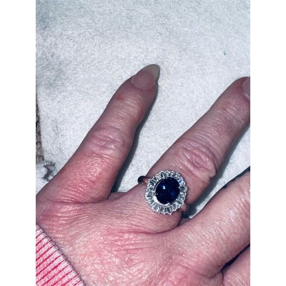 Oval Blue Sapphire Halo Ring  Classic Style Sterling silver size 7 - Picture 5 of 9